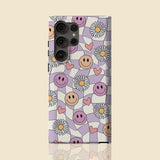 Y2K Purple Checkerboard Smiley Protective Phone Case, iPhone, Samsung