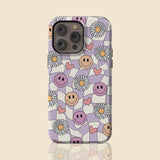Y2K Purple Checkerboard Smiley Protective Phone Case, iPhone, Samsung