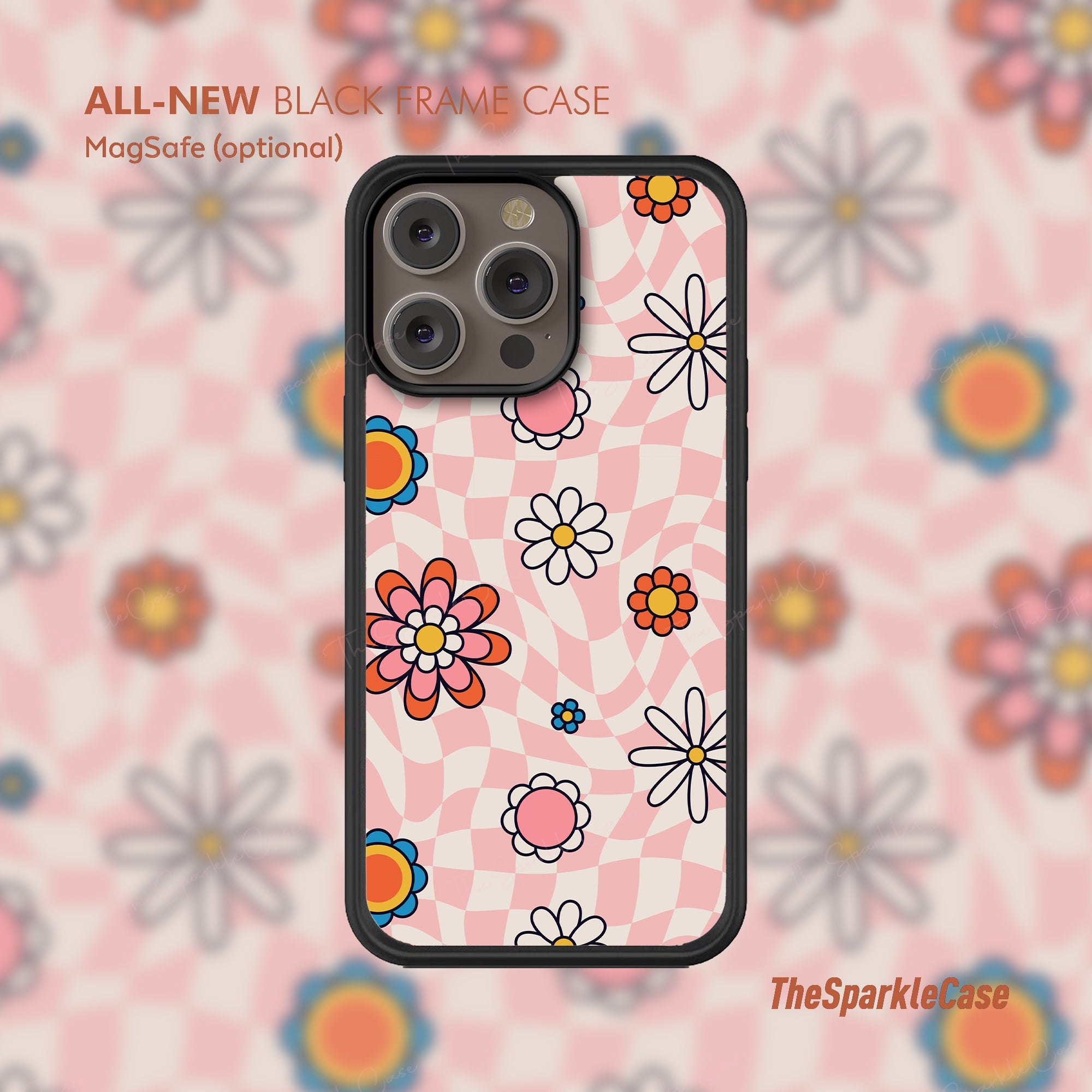 Pink Checkerboard Floral ALL-NEW Black Frame case, MagSafe Case