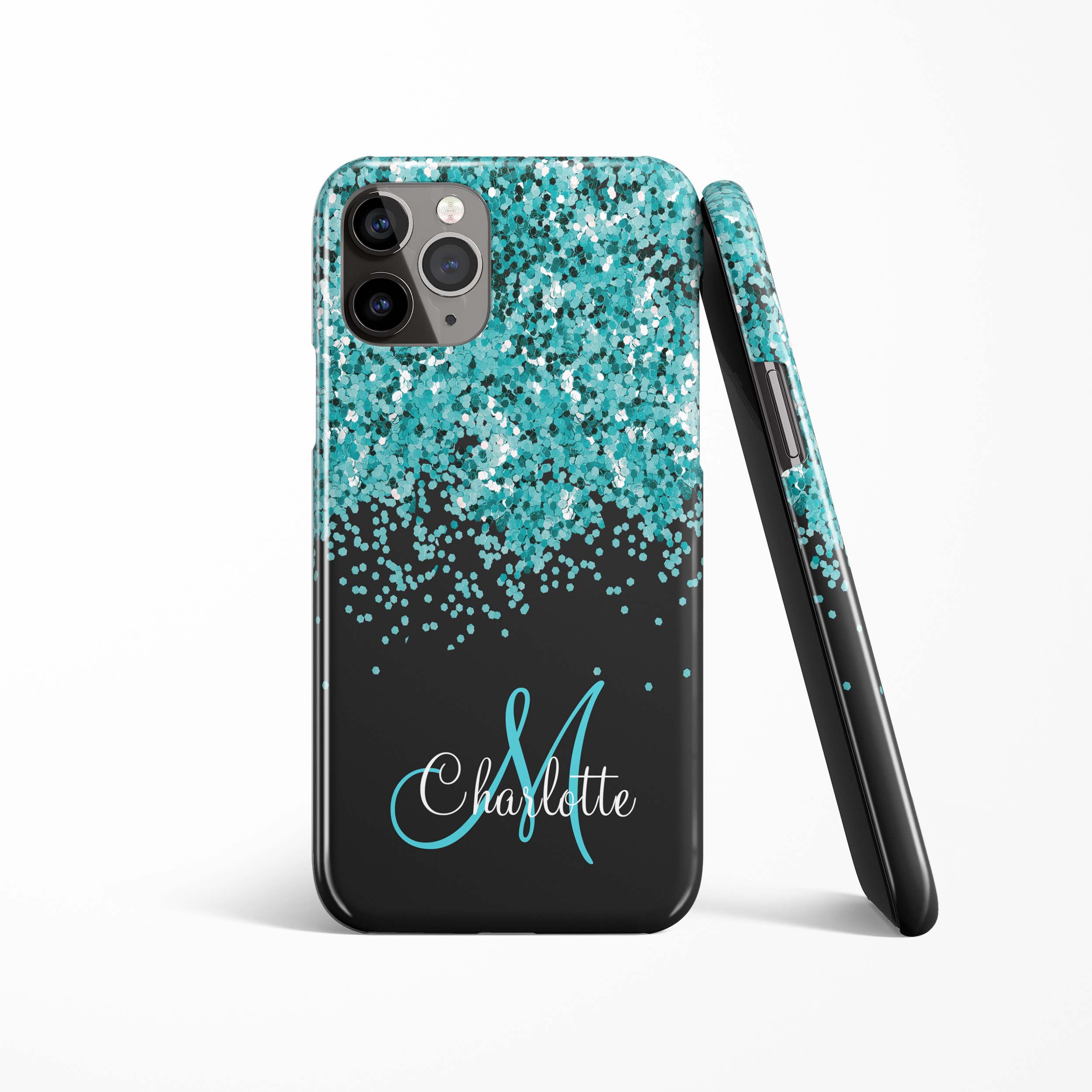 Blue, Teal, Glitter, Name and Monogram, Girly Phone Case