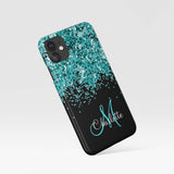 Blue, Teal, Glitter, Name and Monogram, Girly Phone Case