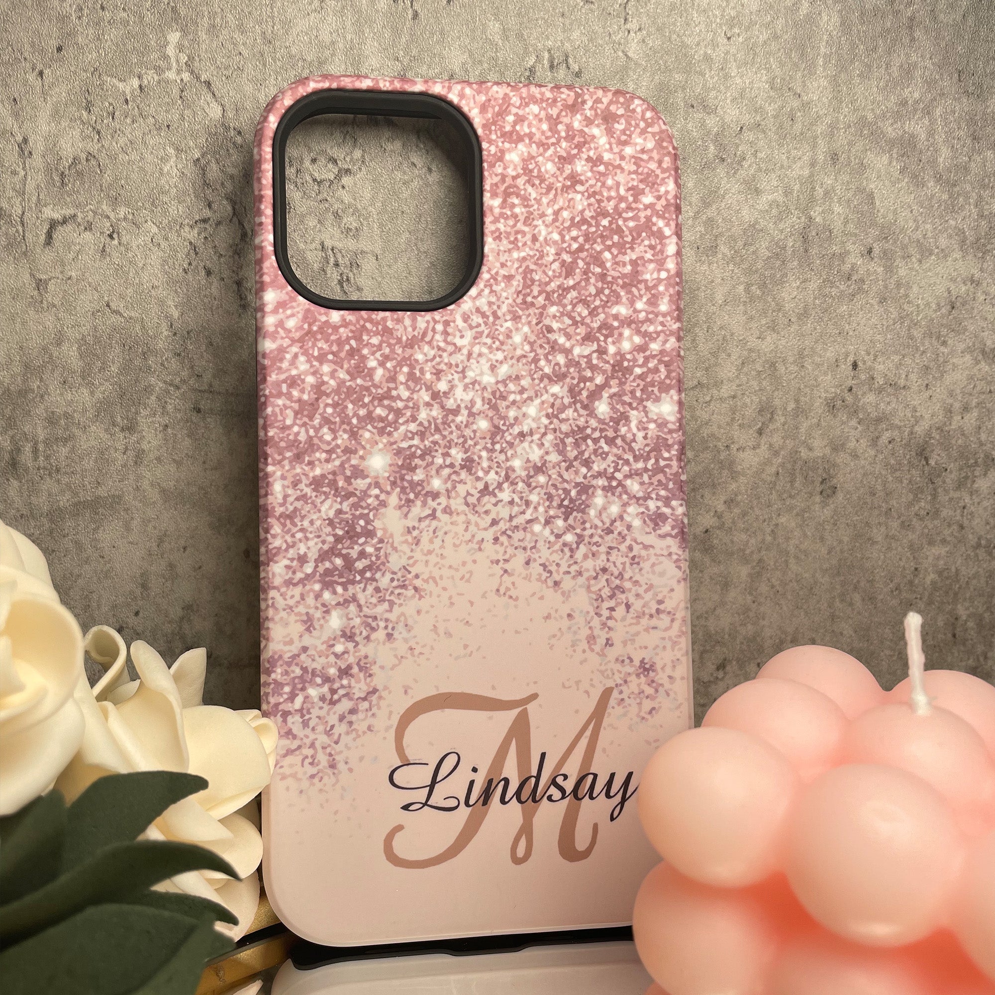 Girly Pink Glitter Blush Monogram Name Phone Case