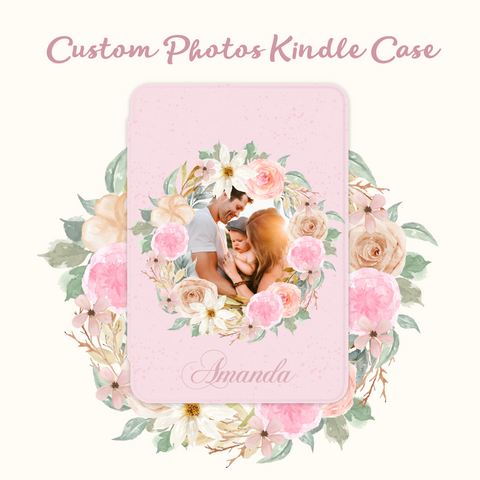 Custom Family Photo, Pet Photo Kindle Case with Book Cover, Floral Case