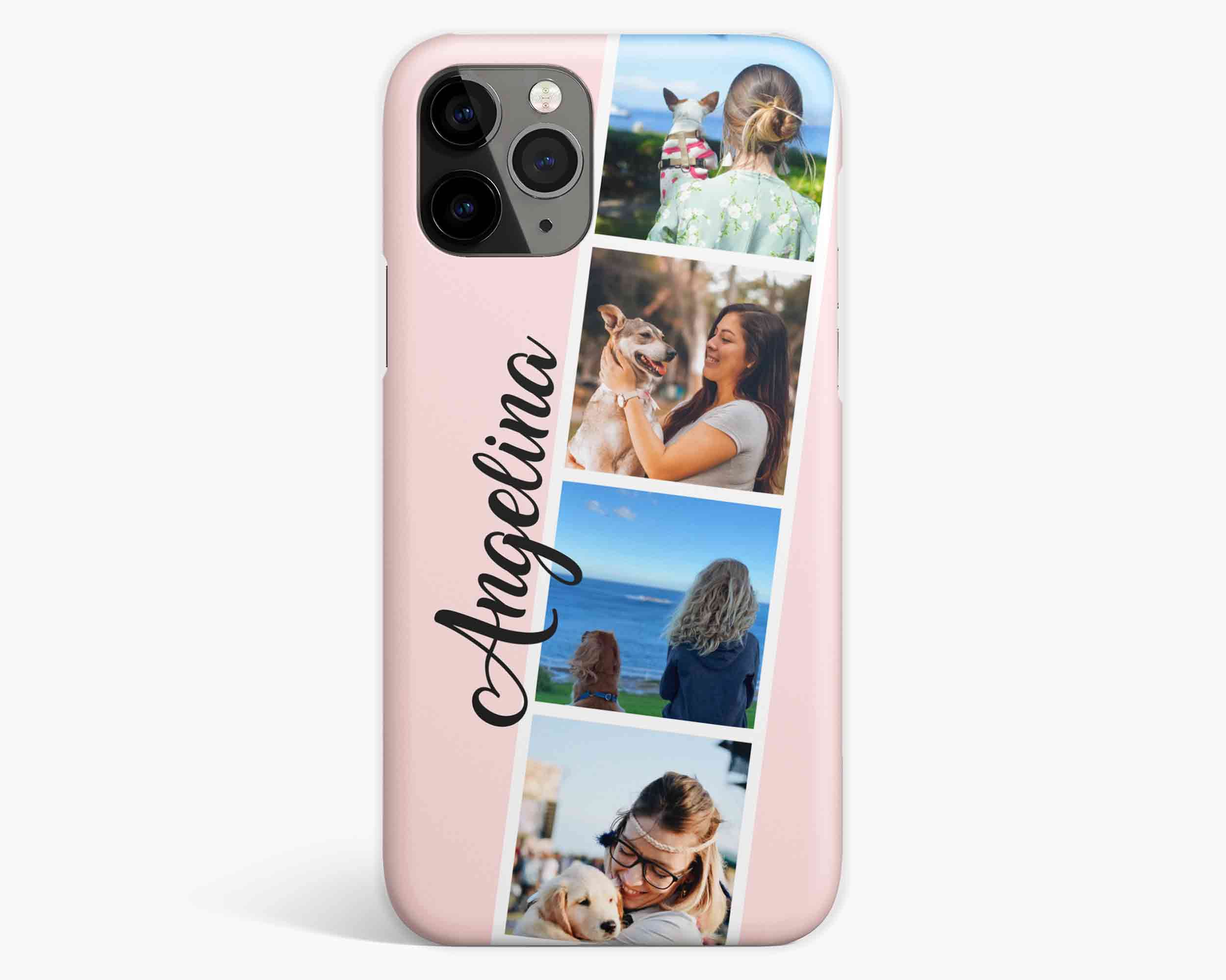 Modern 4 photos grid collage name on pink iPhone case