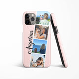 Modern 4 photos grid collage name on pink iPhone case