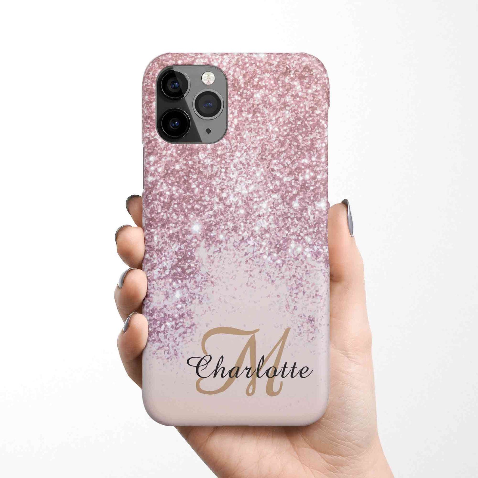 Girly Pink Glitter Blush Monogram Name Phone Case, Custom Name