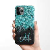 Blue, Teal, Glitter, Name and Monogram, Girly Phone Case