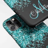 Blue, Teal, Glitter, Name and Monogram, Girly Phone Case