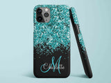 Blue, Teal, Glitter, Name and Monogram, Girly Phone Case